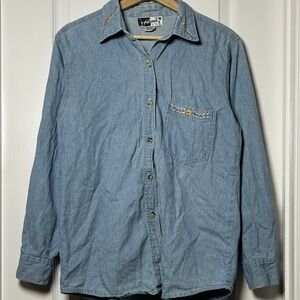 Mira Max Vintage 90s Embroidered Floral Denim Button Up Shirt Granola Girl Style